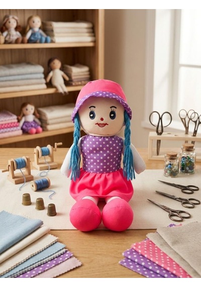 Fatma Bebek 48cm Büyük Puantiye Desenli Elbiseli Ve Şapkalı El Yapımı Oyuncak Bez Bebek Pembe