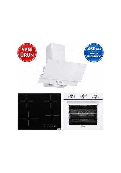 Alveus AFM Serisi Wh6 Beyaz Dijital Dokunmatik Elektr. Vitroseramik 3'Lü Ankastre Set Fırın + Siyah Ocak + Davlumbaz