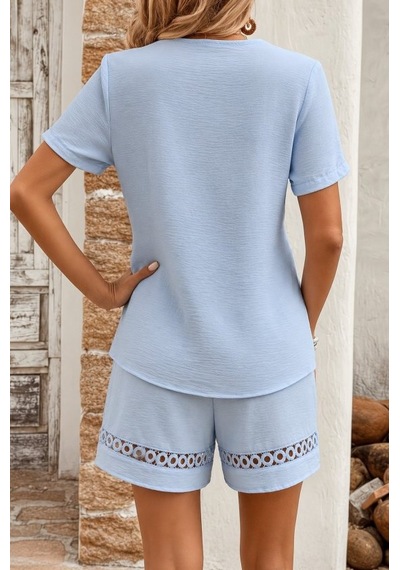 Dogutrend Kadın Kısa Kollu V Yakalı Bluz Ve Short Ikili Takım Mavi