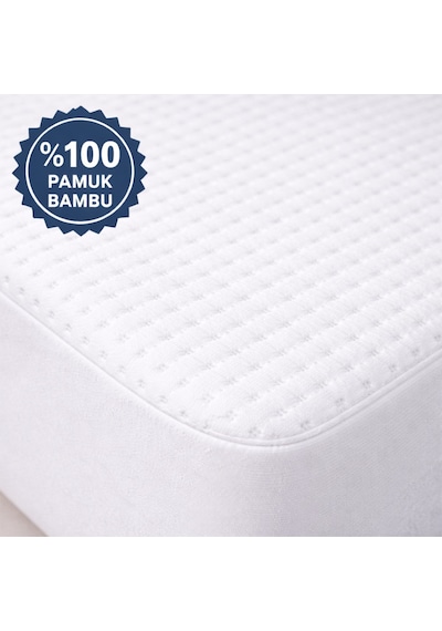 %100 Pamuk Bambu Lastikli Çarşaf Tipi Fitted Alez Sıvı Geçirmez Yatak Koruyucu Beyaz