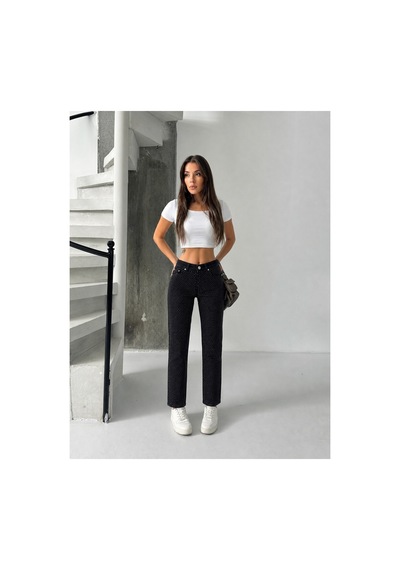 Bluemarlin Siyah Yüksek Bel Ön Bacak Taşlı Mom Jeans Kot Pantolon Siyah