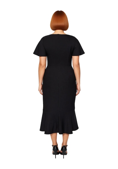 Ersefa Kadın Büyük Beden Şık Midi Elbise Dokuma Kumaş Melek Kol Bodycon Siyah