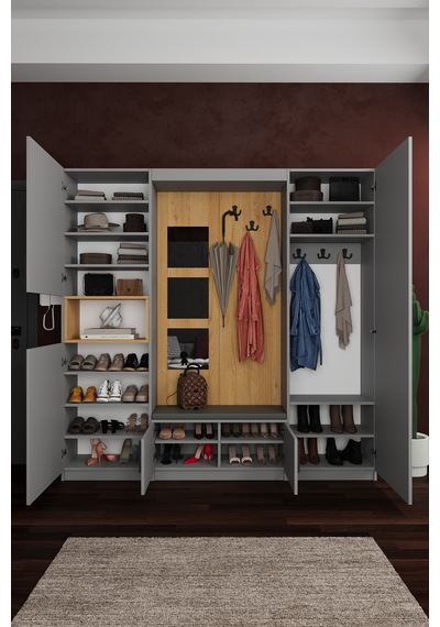 Lüks Aynalı Portmanto Askılı Vestiyer %100 Mdf Çok Raflı Ayakkabılık V05 Kül Gri - Karina Lüks Aynalı Portmanto Askılı Vestiyer %100 Mdf Çok Raflı Ayakkabılık V05 Kül Gri - Karina