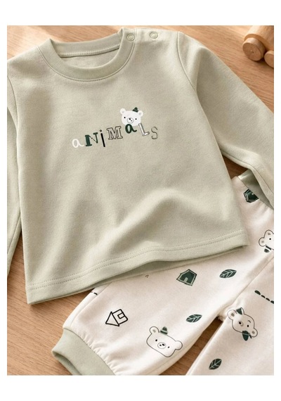 Ferasty İstanbul Unisex Bebek Pijama Takımı Ayıcık Baskılı Yeşil