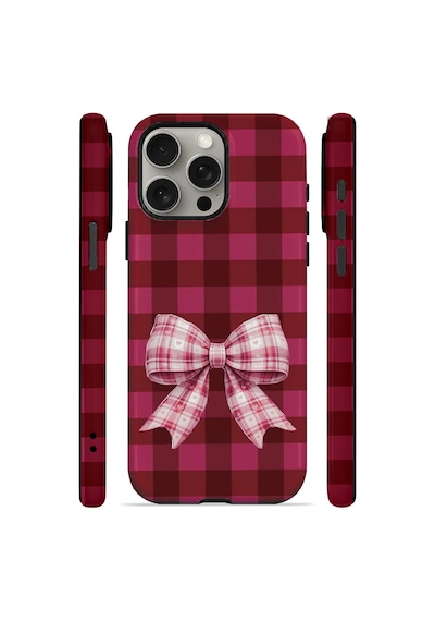 Velvoria Valestra Cherry Gingham Bow Apple iPhone Uyumlu 15 Pro Darbe Korumalı Kılıf Valestra Select - Cherry Gingham Bow