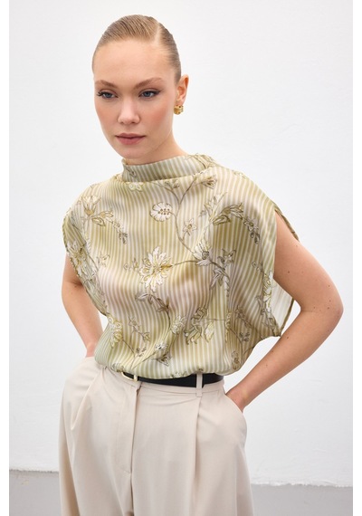 Sateen Kısa Kollu Desenli Bluz - Haki-137038 haki