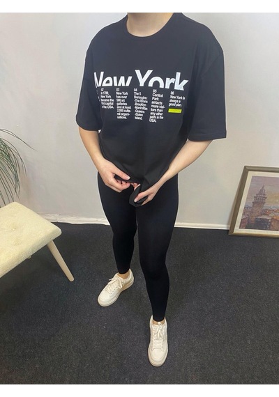 Kadın Bisiklet Yaka Oversize Kalıp New York Baskılı Tişort Spr24tsk112 Black