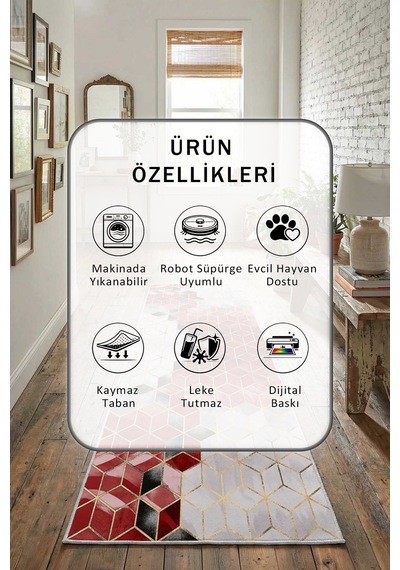 Suerto Kırmızı Salon Mutfak Yatak Odası Yıkanabilir Yolluk