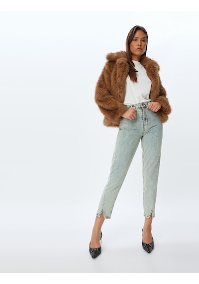 Koton Mom Fit Kot Pantolon Standart Bel Yırtmaç Detaylı Düğmeli Cepli Pamuklu - Mom Fit Jeans Bleach 5wal40060md Açık Mavi