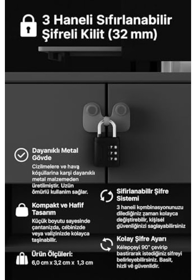 Ayrex 3 Haneli 32 Mm Şifreli Sıfırlanabilir Dolap Bagaj Çanta Kilidi Asma Kilit Cin966