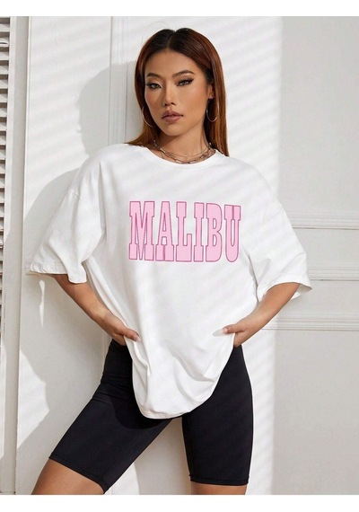 Malibu T-shirt - Beyaz Baskılı Oversize Bisiklet Yaka Kısa Kol Tişört Beyaz