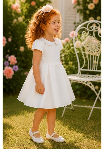 Babyhola Kız Çocuk Sade Beyaz Saten Abiye Elbise Balo Elbisesi 7152 Bej