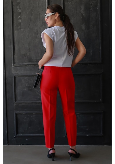 Madmext Kırmızı Önü Biyeli Yüksek Bel Kadın Pantolon Mg2425 Kırmızı
