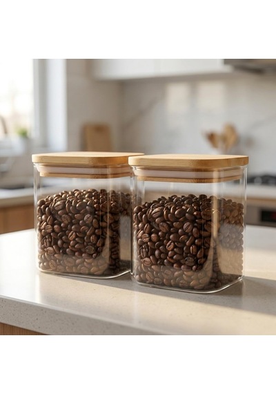2 Adet 600 Ml Sızdırmaz Vakumlu Bambu Kapaklı Borosilikat Cam Kavanoz, Hava Geçirmez Contalı Kare Kuru Gıda Saklam Diğer