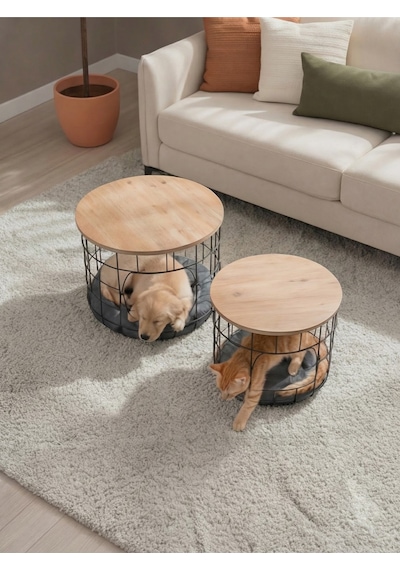 2'li Kedi Yuvalı Sepet Sehpa Metal Gövde Ahşap Tabla Minderli Orta Sehpa Çam