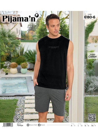 Pijamoni Erkek Bisiklet Yaka Kolsuz Şortlu Pijama Takımı 6180/6 - 1 Adet Siyah Pijamoni Erkek Bisiklet Yaka Kolsuz Şortlu Pijama Takımı 6180/6 - 1 Adet Siyah