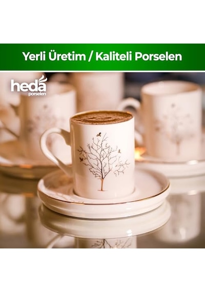 Heda Porselen Hayat Ağacı 4 Parça 2 Kişilik Porselen Kahve Fincan Takımı 100 Ml Şık Desenli Türk Kahvesi Se Diğer