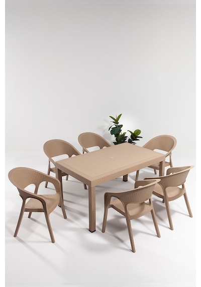 Garden Large 90x150cm Rattan Cappucino Masa Takımı Bahçe&balkon - 1 Masa 6 Sandalye Krem