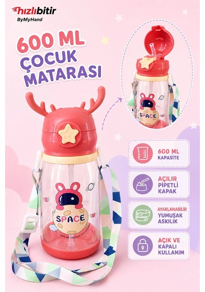 Bymyhand Kız Çocuk Karışık Figürlütaşıma Kulplu Kilit Kapaklı Pipetli Suluk Okul Matarası 600 Ml 1 A Çok Renkli