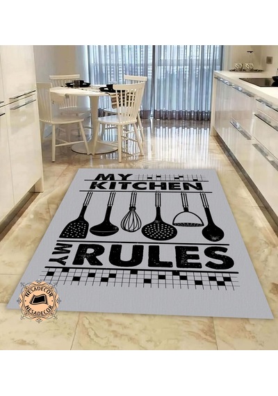 Mutfak Halısı Modern My Kitchen Yazılı Halı Dijital Baskı Makine Gri
