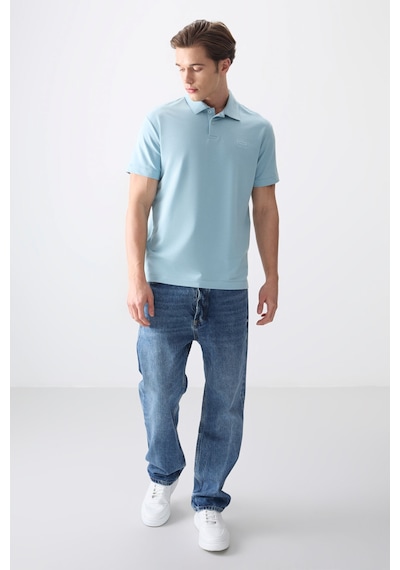 Air Jones Açık Mavi Pamuklu Kalın Yumuşak Dokulu Polo Yaka Oversize Fit Basic Erkek T- Shirt - 88381 Açik Mavi