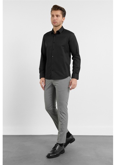 İmza Siyah Kendinden Desenli Sert Yaka Uzun Kol Cepsiz Slim Fit Pamuklu Gömlek 1004255283