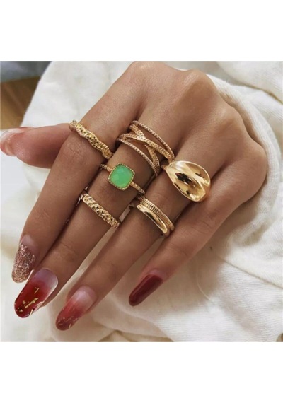Girift Vintage Spica 6 Adet Yeşil Taşlı Gold Yüzük Seti Altın