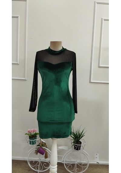 Bhrwear Kadın Uzun Kollu Balıkçı Yakalı Dekolte Tül Detaylı Kısa Kadife Elbise Renkli