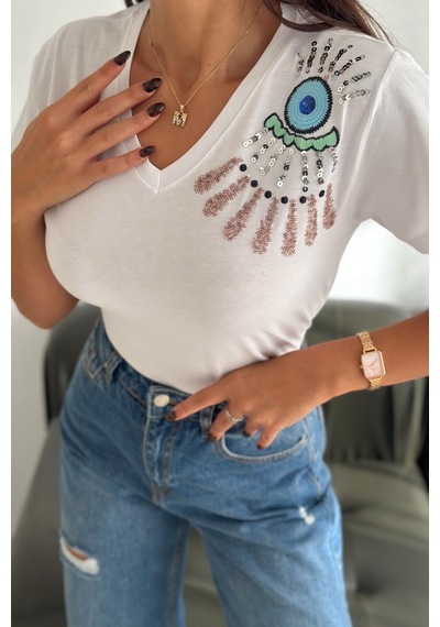 Femelle Kadın Beyaz V Yaka Omzu Nakış Ve Pul Payet İşlemeli %100 Pamuk T-shirt