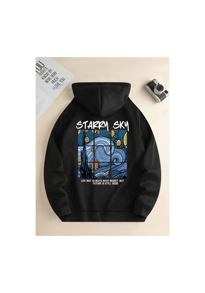 Medinenur Starry Sky Baskılı Kapüşonlu Sweatshirt Siyah