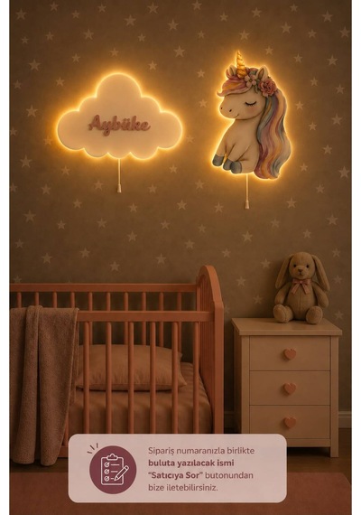Ahşap Unicorn Ve İsme Özel Bulut Pilli Ledli Gece Lamba Seti Yıldız Hediyeli Bebek Çocuk Odası Pembe