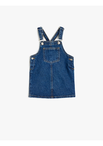 Koton Pamuklu Kare Yaka Cep Detaylı Denim Jile Elbise Dark Indıgo 5smg80007ad Koyu İndigo