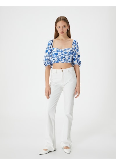 Koton Crop Çiçekli Bluz Kare Yaka Balon Kollu Mavi Desenli 4sak70073ek