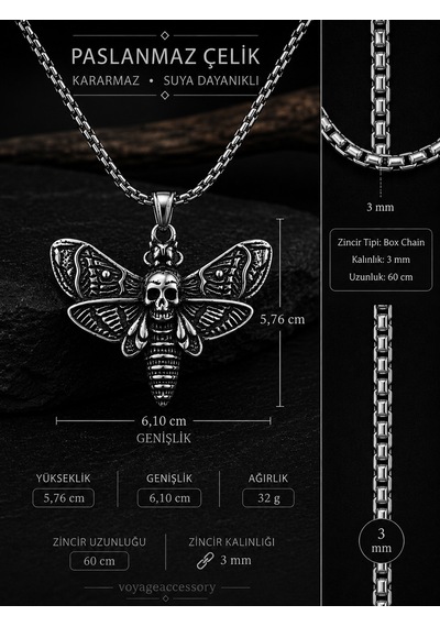Paslanmaz Çelik Gotik Stil Kurukafa Detaylı Acherontia Lachesis Güve Kolye Antrasit