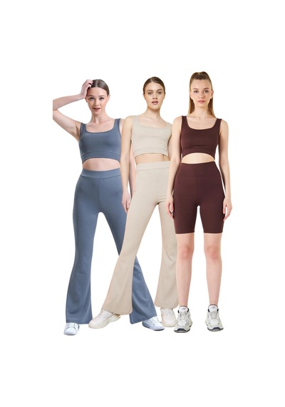 Thiff Gymwear Fitilli Kare Yaka Esnek Örme Crop Büstiyer 3'lü Atlet Set Antrasit - Bej - Kahverengi