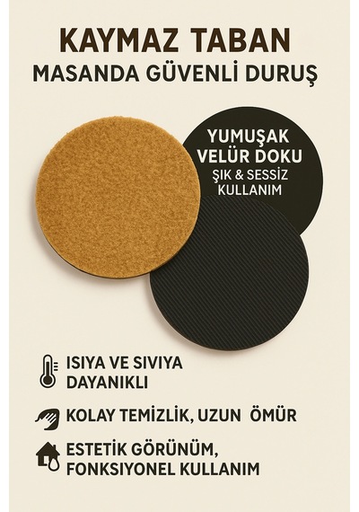 Valerine Life Ev Ofis Çay Fincan Bardak Altlığı 10x10cm Kaymaz 6'lı Velür Doku Kum Beji Coaster Seti Kum Beji
