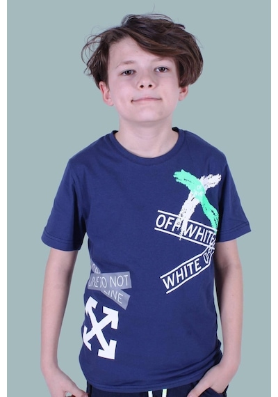 Panios Kids X Baskılı Sıfır Yaka Erkek Çocuk Indigo T-shirt İndigo