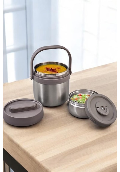 Digithome Bento Taşınabilir Paslanmaz Çelik Yemek Kabı Termosu Lunch Box Yuvarlak 1400ml Bej
