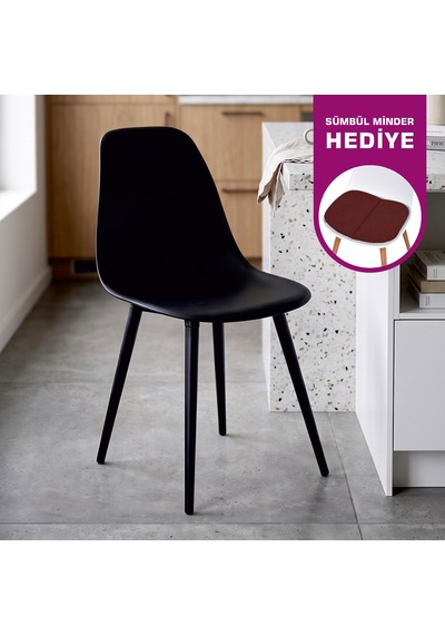 Vilinze Eames Siyah Ahşap Ayak Plastik Siyah Sandalye