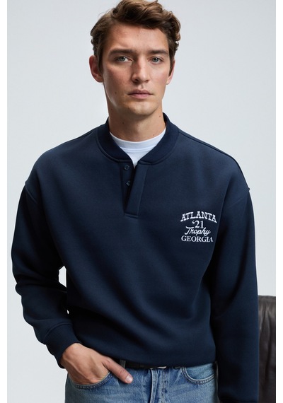 Grimelange JETHRO Erkek Bomber Yaka Patlı Düğmeli Göğsü Nakışlı Relaxed Fit Lacivert Sweatshirt