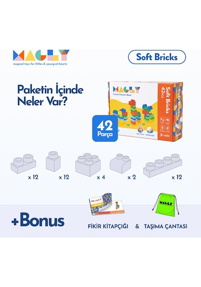 Magly Soft Bricks Yumuşak Yapı Blokları - Çocuklar İçin Renkli,silikon, Esnek 42 Parça Yapı Blok Seti Taşıma Çantalı