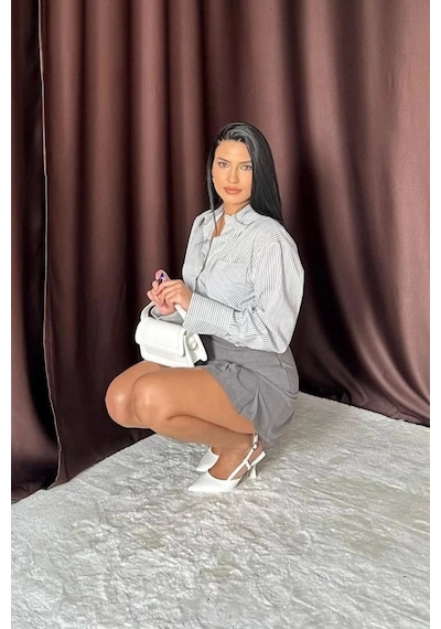 Defymoda Füme Düğme Detaylı Pileli Etek Füme