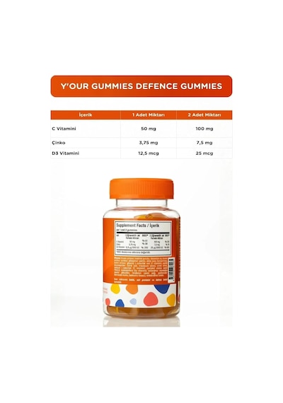 Defence C Vitamini, D3 Vitamini Ve Çinko İçeren Takviye Edici Gıda Bağışıklık Desteği Portakal Aromalı 60 Gummy