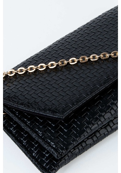 Vivaq Kadın Siyah Zarf Hasır Örgü Tasarım 2 Bölmeli Mini Zincir Askılı Çıt Çıt Kapama Clutch Ve El Çantası