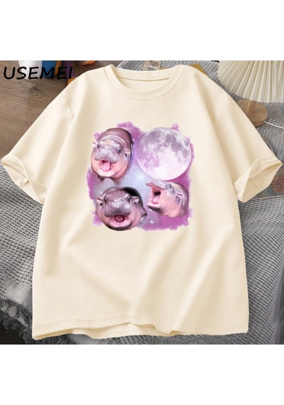 Flood Of Style Üç Moo Deng Ay Tshirt Erkekler Kadınlar Fuuny Karikatür Sevimli Moodeng T-shirt Pamuk Kısa Ko Haki