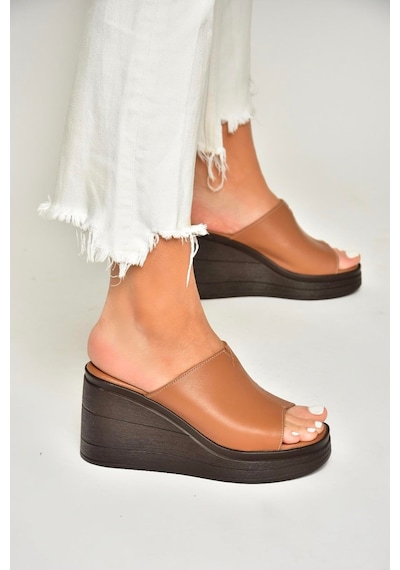 Fox Shoes P555961203 Taba Hakiki Deri Dolgu Topuklu Kadın Terlik Taba-hakiki Deri Taba