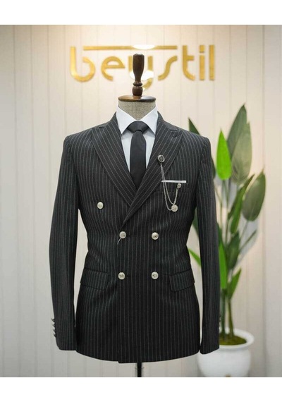 Beystil Sivri Yaka Siyah Çizgili Kruvaze Takım Elbise Bezayak036- Slim Fit Siyah