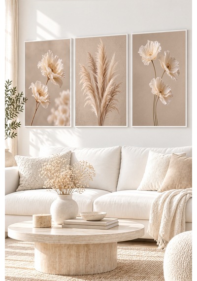 Beyaz Ahşap Çerçeveli Ivory Bloom 3'lü Mdf Tablo Seti Krem Çiçek Pampas Duvar Dekoru Renk: Beyaz