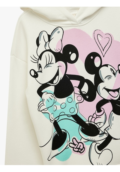 Koton Lisanslı Mickey Ve Minnie Mouse Baskılı Oversize Kapşonlu Sweatshirt Ekru 6wkg10438ak Ekru