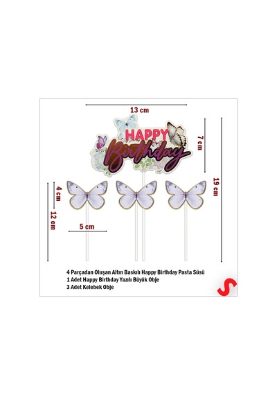 Kelebekli Happy Birthday Pasta Süsü 4 Lü Set - Mor